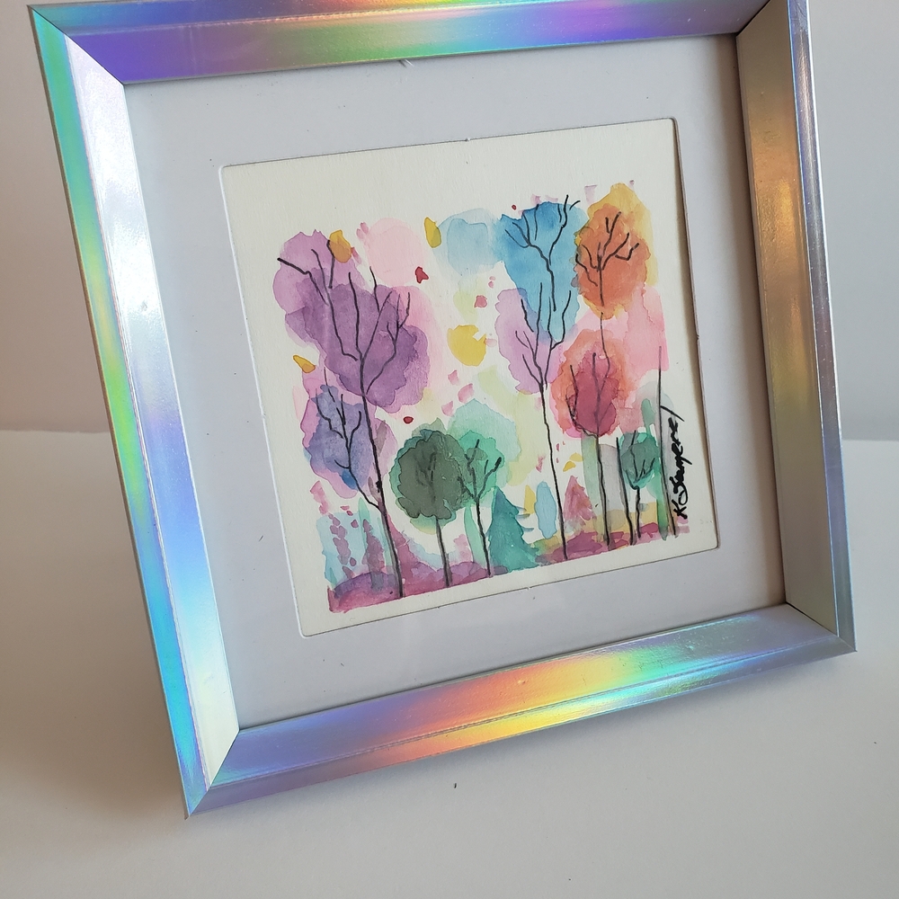 Colorful Watercolor Tree Art in Iridescent Frame